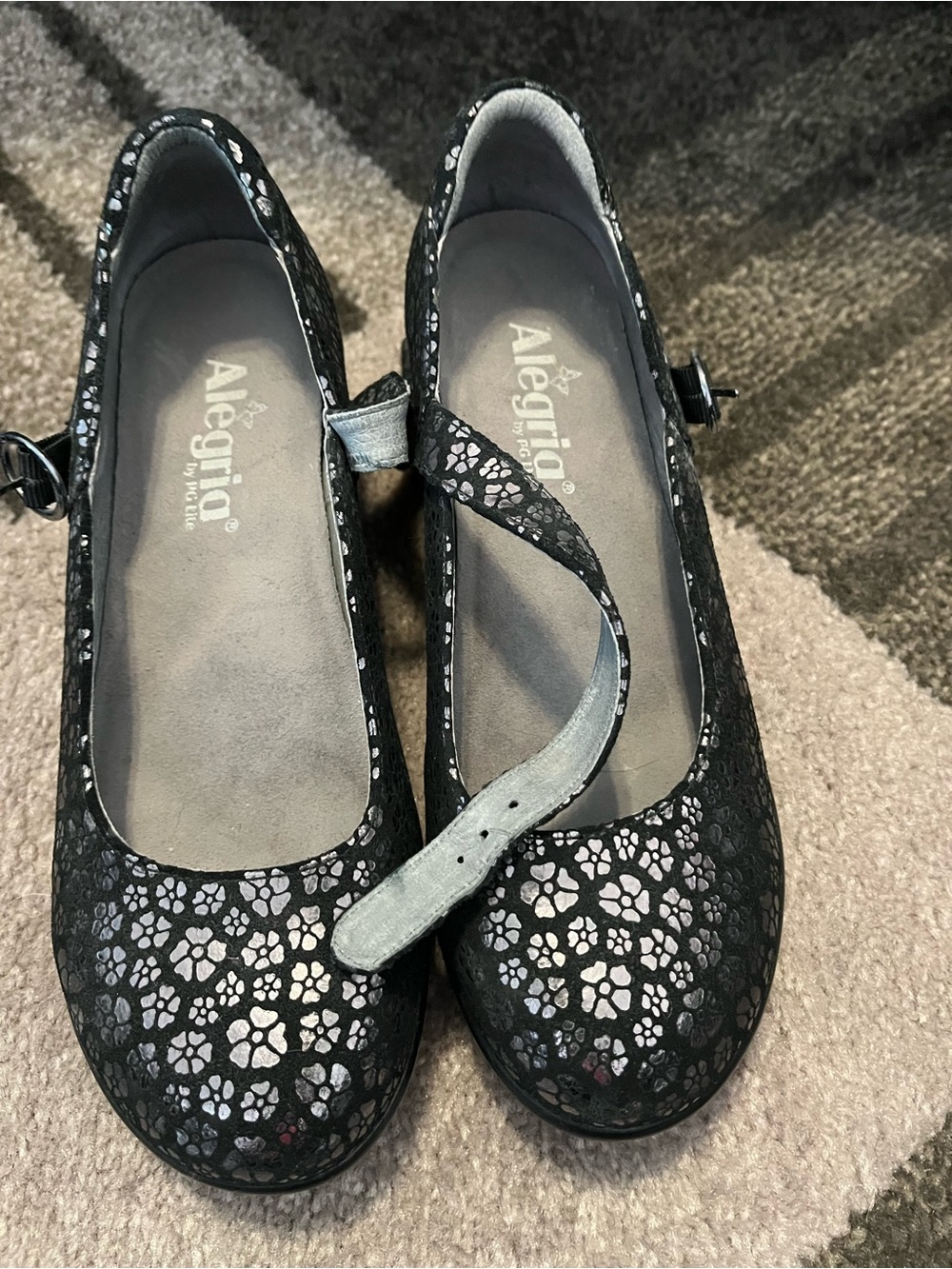 Alegria Black Floral Mary Jane Flats with Silver Accents